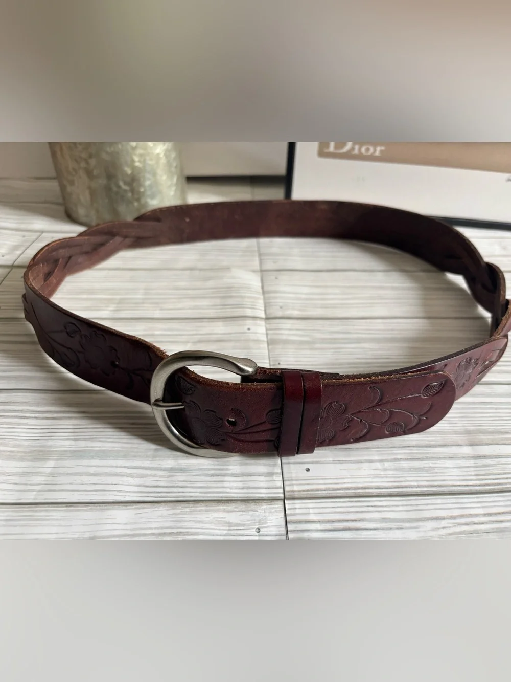 Fossil Leather Tooled Brown Women's Belt with Silver Buckle